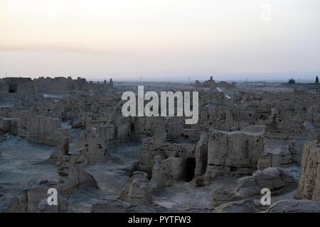 Sunset at Jiaohe Ancient Ruins, Turpan, China, archaeological site Stock Photo