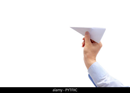 Businessman hand holding paper plane on white background . Stock Photo