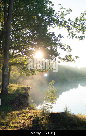 Beautiful sunny morning. White fog lays over the river. Stock Photo