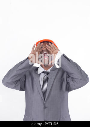 handsome engineer architect shouting.isolated on white background Stock Photo