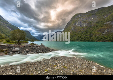 River mouth in lake Oldevatnet of Jostedalsbreen valley in Sogn og Fjordane province Norway Stock Photo