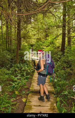 Middle age woman hiking, Cape Alava Trail, temperate rain forest, near Cape Alava, Pacific Coast, Olympic National Park, Washington state, USA Stock Photo