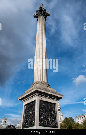 London, United Kingdom - October 18 2018:   Nelson's column, built in 1843 in Trafalgar Square to commemorate Admiral Horatio Nelson, The design was b