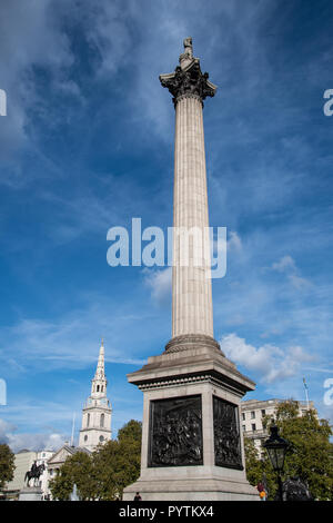 London, United Kingdom - October 18 2018:   Nelson's column, built in 1843 in Trafalgar Square to commemorate Admiral Horatio Nelson, The design was b