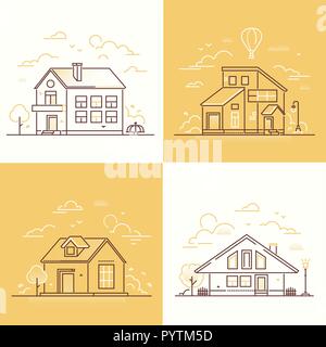 Town buildings - set of thin line design style vector illustrations Stock Vector