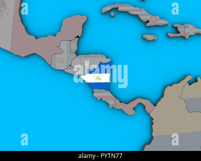 Nicaragua with embedded national flag on blue political 3D globe. 3D illustration. Stock Photo