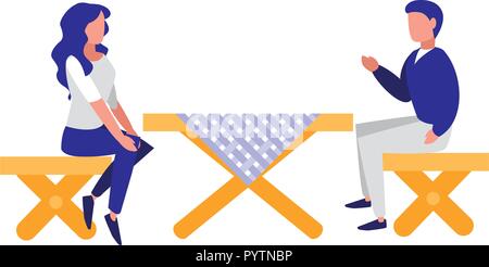 Man and woman sitting at picnic table over white background, colorful design. vector illustration Stock Vector