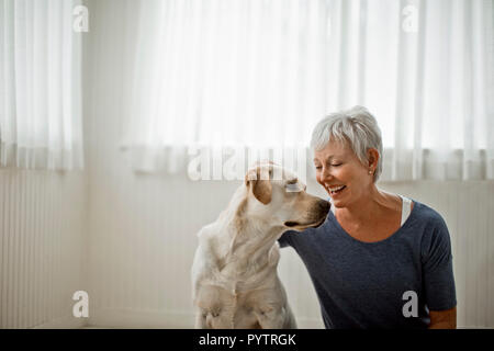 Portrait of a happy mature woman patting her pet dog. Stock Photo