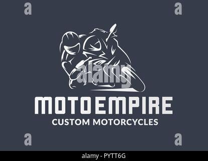 Racing motorcycle logo on black background. Superbike vector monochrome emblem. Stock Vector