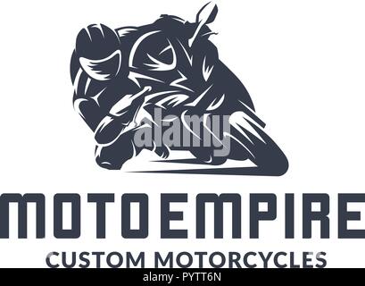 Racing motorcycle logo on white background. Superbike vector monochrome emblem. Stock Vector