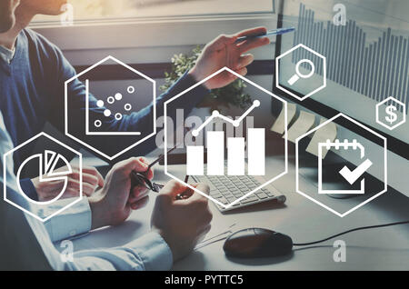 business analytics intelligence concept, financial charts to analyze profit and finance performance of company Stock Photo