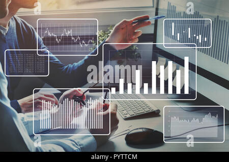 Big data analytics, financial charts, business team working on computer as background. Development and growth concept. Stock Photo