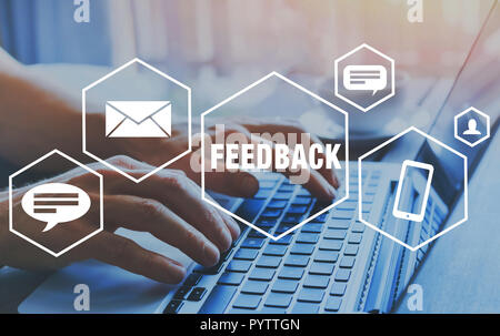 feedback concept, user comment rating of company online, writing review diagram, reputation management Stock Photo