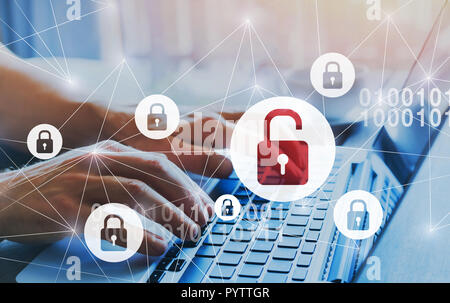 hacker attack and data breach, information leak concept, futuristic cyber  background with broken lock Stock Photo