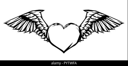 Heart with wings for tattoo design or emblem. Stock Vector