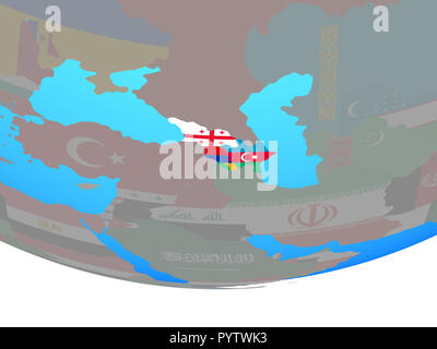 Caucasus region with national flags on simple political globe. 3D illustration. Stock Photo