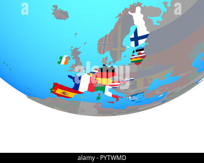Eurozone member states with national flags on simple political globe ...