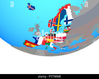 Schengen Area members with national flags on simple political globe. 3D illustration. Stock Photo