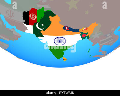 SAARC memeber states with national flags on simple political globe. 3D illustration. Stock Photo