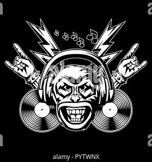 Rock and roll music print. Angry monkey head. Stock Vector