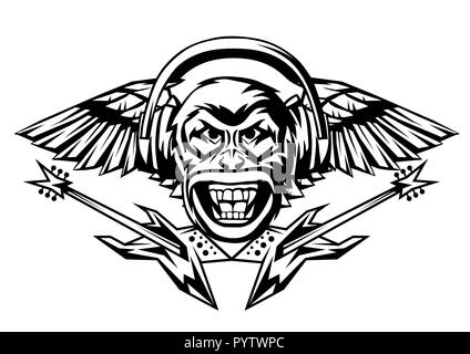 Rock and roll music print. Angry monkey head. Stock Vector