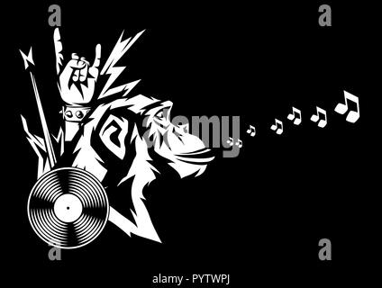 Rock and roll music print with monkey head. Stock Vector