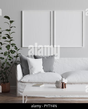 Two mock up posters frame in interior background, Scandinavian style living room, 3D render Stock Photo