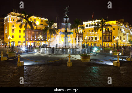 Fountain at Plaza de Armas nightshot Stock Photo