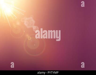 Sun shining with flare on blurred dark purple nature background with sunlight. Vector illustration Stock Vector