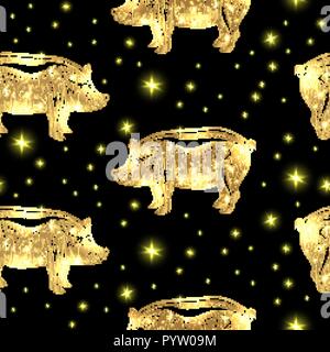 Glowing Night Pigs with Stars on the Black Background. Vector Seamless Pattern Illustration of the Symbol 2018 New Year by Chinese Calendar Stock Vector