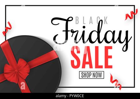 Black Friday. Big sale. Round black box with a red ribbon and a bow in a frame. Greeting card. Red serpentine. Top view. For your design. Vector illus Stock Vector