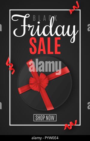 Black Friday flyer. Big sale. Round black box with a red ribbon and a bow in a frame. Greeting card. Red serpentine. For your design. Vector illustrat Stock Vector
