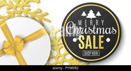 Christmas sale banner. Luxury greeting card. Gold glitter snowflakes, gift box. Xmas poster. Black round sticker. Merry Christmas and Happy New Year.  Stock Vector