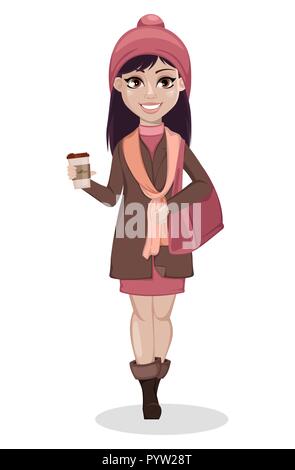Beautiful girl, cartoon character. Cute woman with purse and coffee. Vector illustration isolated on white background Stock Vector