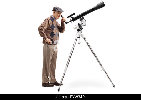 Full length shot an elderly man looking through a telescope isolated on white background Stock Photo