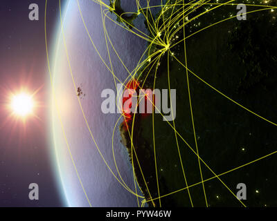 Ecuador from space on model of Earth during sunset with international network. Concept of digital communication or travel. 3D illustration. Elements o Stock Photo