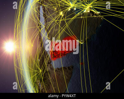 Yemen from space on model of Earth during sunset with international network. Concept of digital communication or travel. 3D illustration. Elements of  Stock Photo