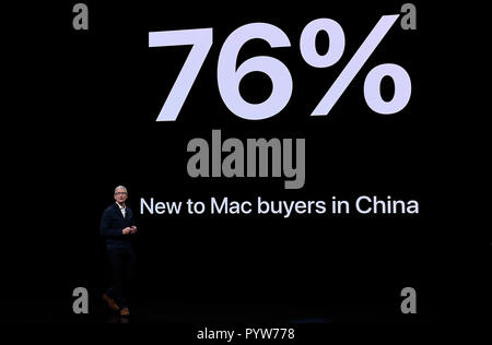 New York, USA. 30th Oct, 2018. Apple CEO Tim Cook speaks during an Apple launch event in Brooklyn, New York, the United States, on Oct. 30, 2018. Credit: Xinhua/Alamy Live News Credit: Xinhua/Alamy Live News Stock Photo