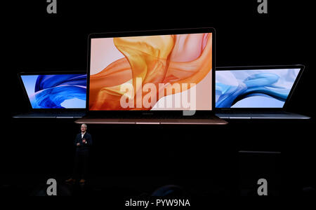 New York, USA. 30th Oct, 2018. Apple CEO Tim Cook speaks on stage during an event to unveil new Apple products in Brooklyn, New York, the United States, on Oct. 30, 2018. Apple Inc. on Tuesday launched its new iPad Pro, MacBook Air and Mac mini at an event in Brooklyn, New York City, offering long-awaited updates to some of its popular devices. Credit: Xinhua/Alamy Live News Stock Photo