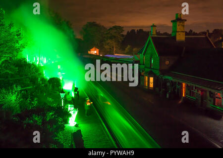 Arley, UK. 30th October, 2018. Ghoulish goings-on are occurring on board the Severn Valley Railway this evening as Halloween is upon us. A special night service is running between Kidderminster and Arley for those souls brave enough to take the dark ride to face the living dead. Credit: Lee Hudson/Alamy Live News Stock Photo