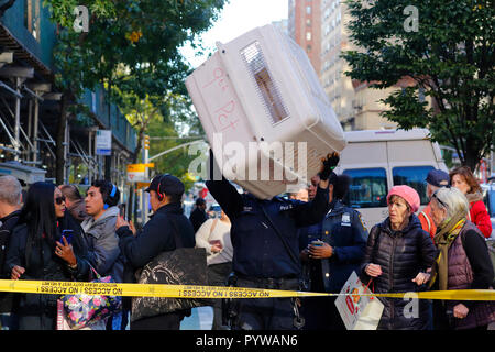 New York City, USA. 30th Oct, 2018. Emergency Services police personnel approach the scene with a large animal cage on loan from the 9th police precinct in the East Village of Manhattan, an area with a large red tailed hawk population. Stock Photo