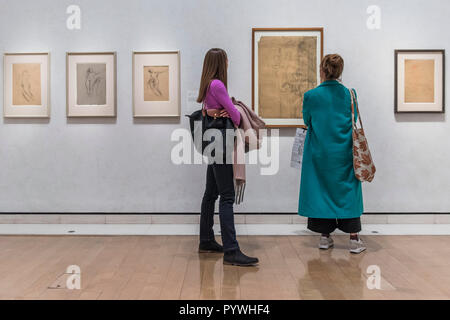 London, UK. 31st Oct, 2018. Works by Gustav Klimt - Klimt/Schiele: Drawings from the Albertina Museum, Vienna, in The Sackler Wing of the Royal Academy of Arts. The first exhibition in the UK to focus on the fundamental importance of drawing for both artists. The exhibition runs from 4 November 2018 - 3 February 2019. Credit: Guy Bell/Alamy Live News Stock Photo