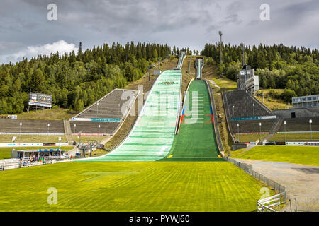 LILLEHAMMER, NORWAY - AUGUST 2, 2016: Ski jump slope near Oslo, known as Lysgardsbakken, opened in 1993, specifically to the XVII Olympic Winter Games Stock Photo