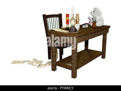 3D rendering of a Santa's Christmas workstation isolated on white background Stock Photo