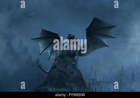 3d Fantasy aggressive dragon on the rock Stock Photo
