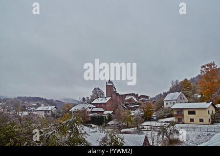 Autumn snowstorm on October 30 in Germany, Bertradaburg in Muerlenbach Stock Photo