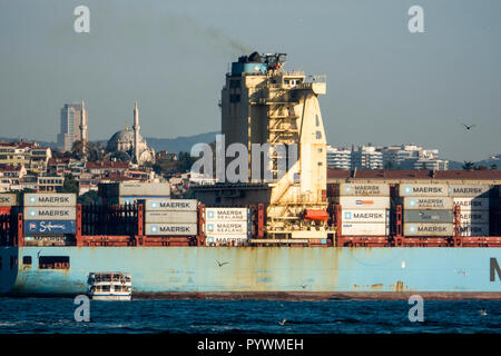 Container ship on the Bosphorus passing through Istanbul, Turkey Stock Photo