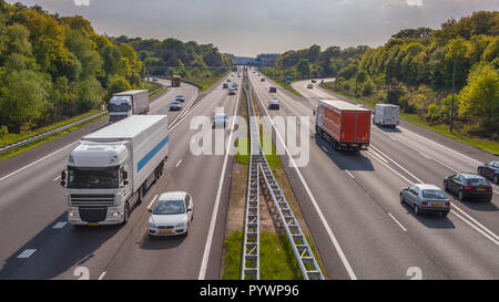 Evening motor Traffic on the A12 Motorway seen from above. One of the Bussiest highways in the Netherlands Stock Photo