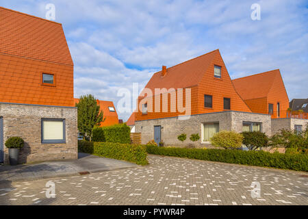 Modern houses with striking red slate roof tiles in a contemporary suburban neighborhood in the Netherlands Stock Photo