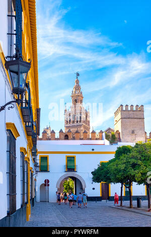 Giralda tower from Patio de Banderas in the Royal Alcazar, Seville, Spain Stock Photo